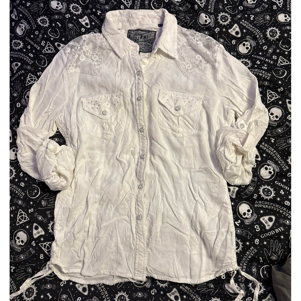 Affliction Women's White Rhinestone Studded Rolled Sleeves Button Up Shirt, Lβ